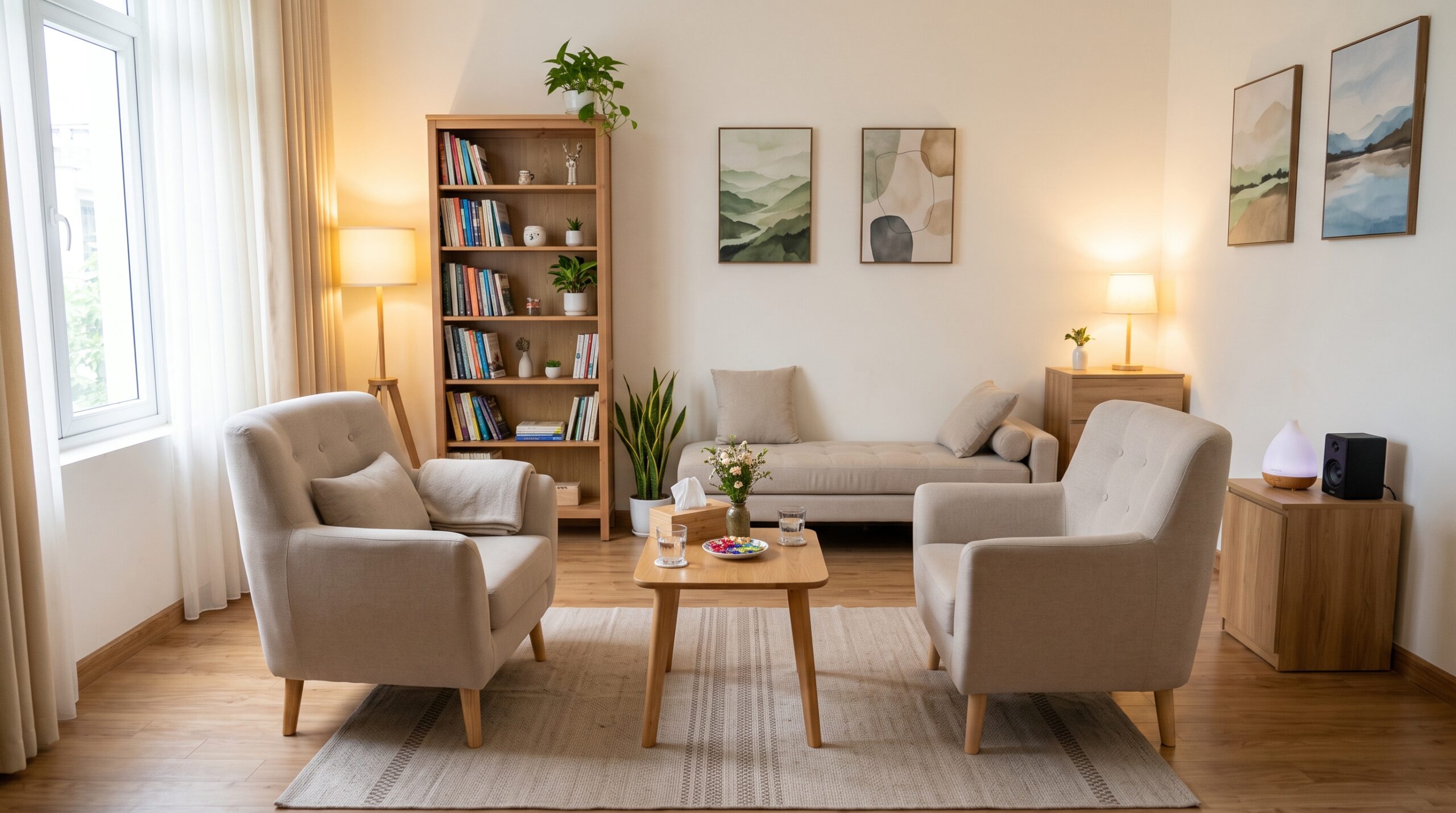 Illustrative welcoming counselling environment with a calm professional atmosphere
