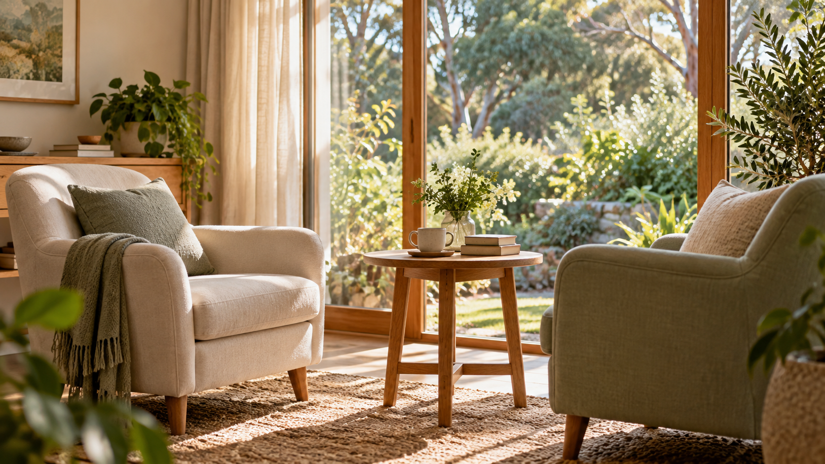 Illustrative sunlit reading nook with a calm and welcoming atmosphere